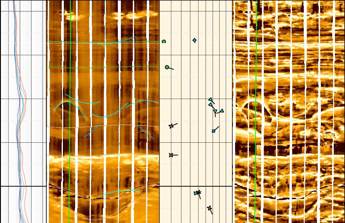 Image of a log showing highly detailed, core-like microresistivity images In an oil-based mud environment that were collected using Quanta Geo service.