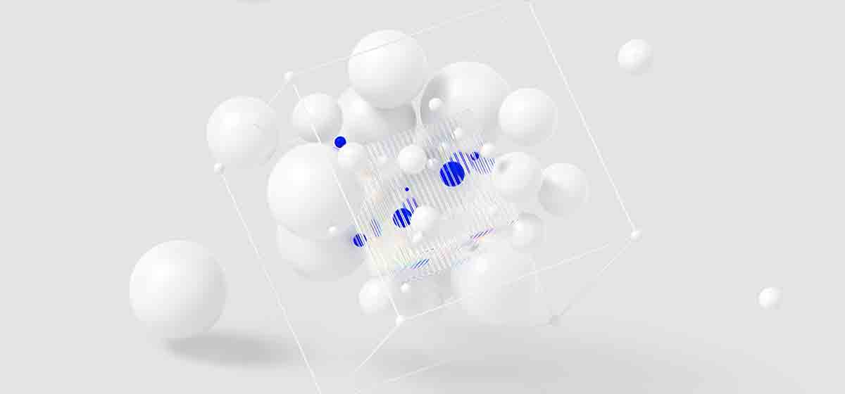 3D CGI image of white and blue spheres on a while background