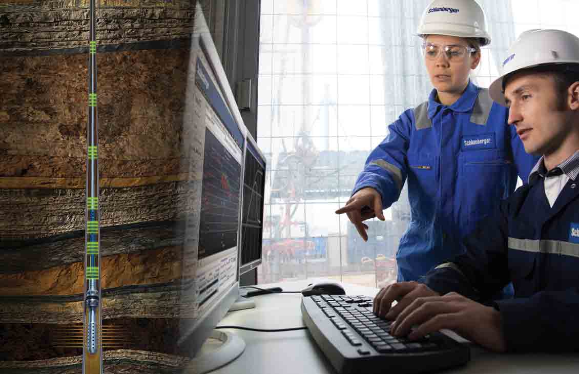 Two Schlumberger workers reviewing data on a monitor (right) and illustration of the Quartet downhole reservoir testing system downhole (left).