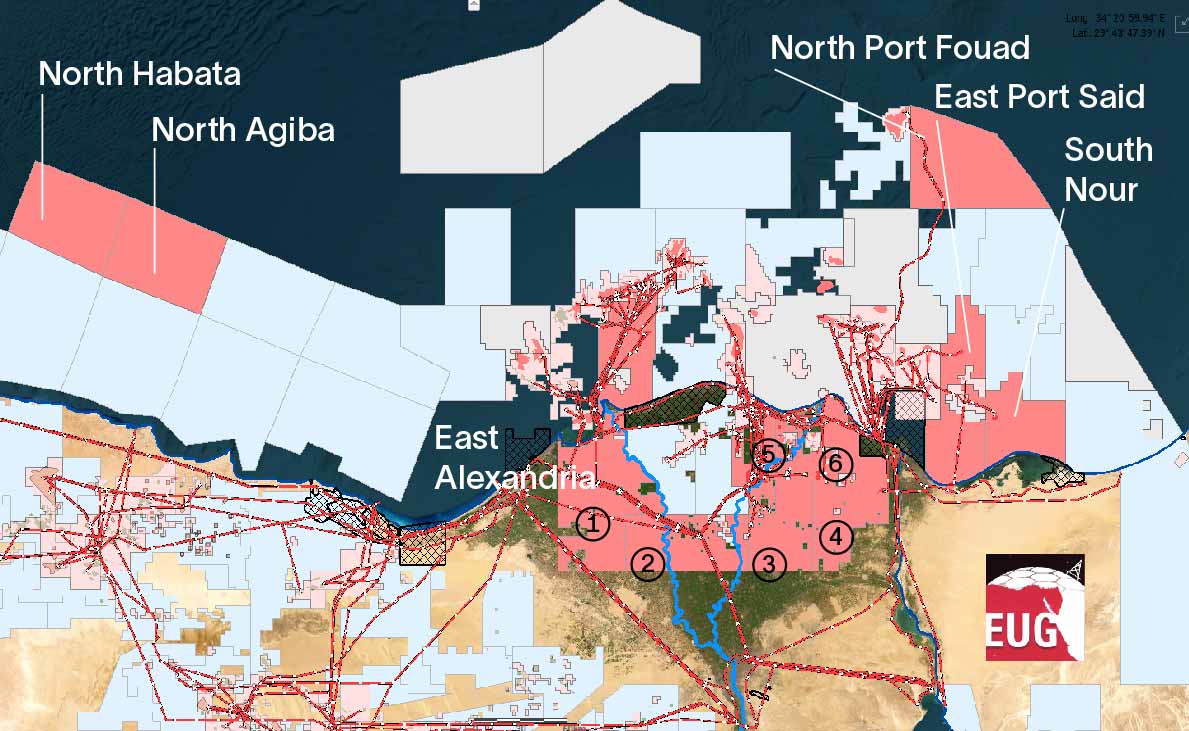 Map of the fields, concessions, and EGAS 2020 blocks in the Egypt area for the second bid round.