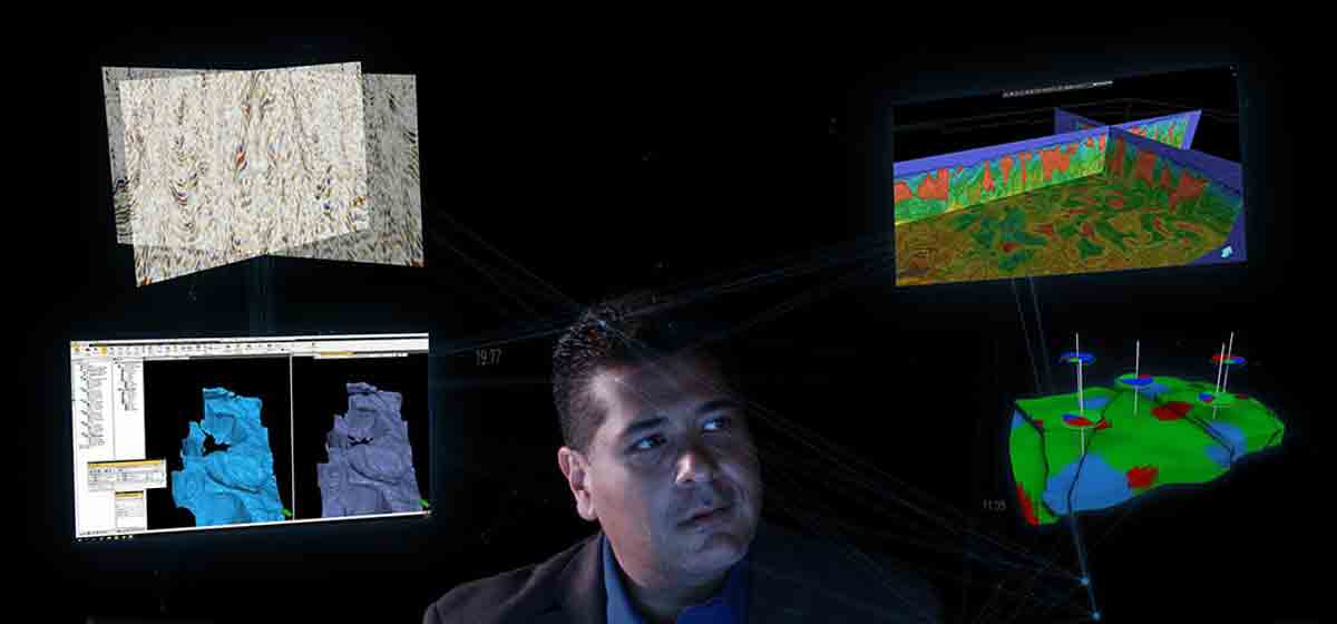 Image showing person looking at seismic data from the GAIA digital subsurface platform