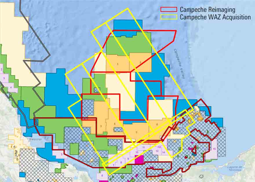 Map of  offshore Mexico showing Campeche 3D WAZ broadband seismic imaging project.