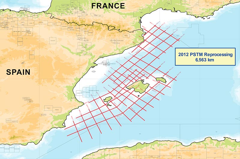 Map of 2012 reprocessed 2D data offshore Spain survey map. 