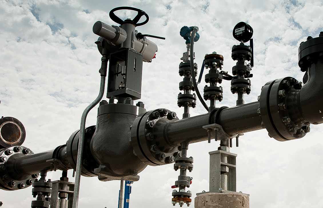 Oil and gas pipeline with valves and instrumentation.