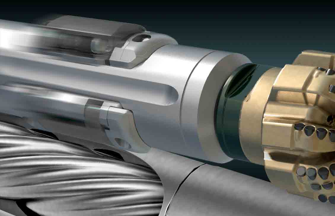 Close-up rendering that highlights the core components of a PowerDrive vorteX system: the RSS, drilling motor, and PDC bit