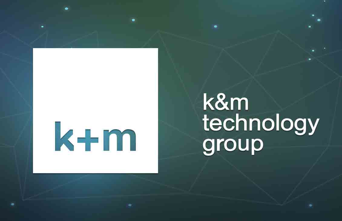 Dark green background with light digital floating elemets. White logo of the K&M Technology Group at the center