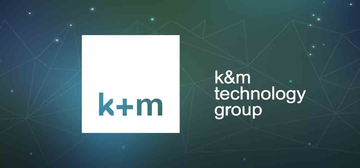 Dark green background with light digital floating elemets. White logo of the K&M Technology Gropup at the center