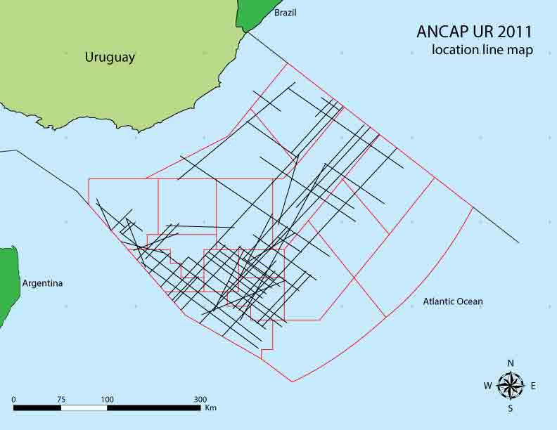 Map showing offshore Uruguay New Frontier multiclient survey area.